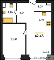 Планировка однокомнатной(квартира) площадью 42.48 квадратных метров в “ЖК TATE (Тэйт)”