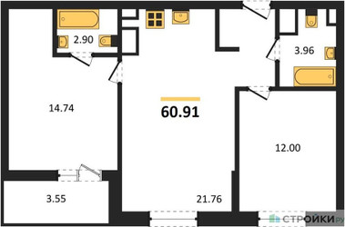 Планировка двухкомнатной(квартира) площадью 60.91 квадратных метров в ЖК “ЖК Светлый мир Станция Л”