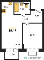 Планировка однокомнатной(квартира) площадью 39.47 квадратных метров в ЖК “ЖК Богдановский Лес”