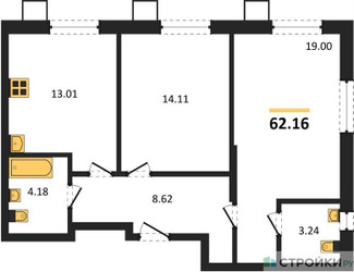 Планировка двухкомнатной(квартира) площадью 62.16 квадратных метров в ЖК “ЖК Бархат”