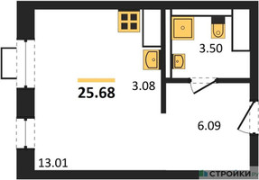 Планировка студии(квартира) площадью 25.68 квадратных метров в “ЖК Прибрежный Парк”