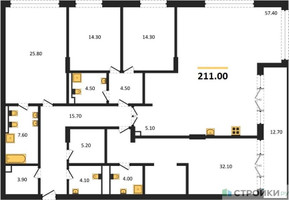 Планировка 4+ комнатной(квартира) площадью 210 квадратных метров в “ЖК Вишневый сад”
