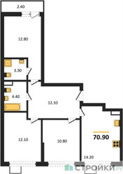 Планировка трехкомнатной(квартира) площадью 70.9 квадратных метров в ЖК “ЖК Деснаречье”