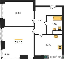 Планировка двухкомнатной(квартира) площадью 61.1 квадратных метров в “ЖК Мираполис”