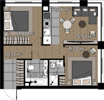 Планировка двухкомнатной(квартира) площадью 55 квадратных метров в “ЖК Квартал Серебряный бор”