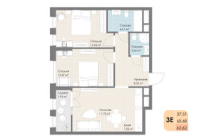 Планировка студии(квартира) площадью 62.62 квадратных метров в “ЖК Дюна”