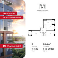 Планировка трехкомнатной(квартира) площадью 80.4 квадратных метров в “ЖК Михалковский”