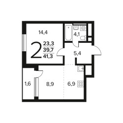 Планировка двухкомнатной(квартира) площадью 41.3 квадратных метров в ЖК “Новые Ватутинки. Заречный”