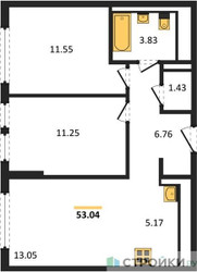 Планировка двухкомнатной(квартира) площадью 53.04 квадратных метров в ЖК “ЖК Остафьево”