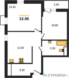 Планировка двухкомнатной(квартира) площадью 52.9 квадратных метров в ЖК “ЖК Скандинавия”