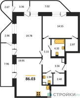 Планировка двухкомнатной(квартира) площадью 86.03 квадратных метров в “Квартал Foriver”