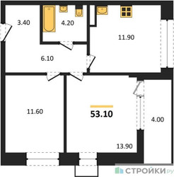 Планировка двухкомнатной(квартира) площадью 53.1 квадратных метров в ЖК “ЖК Прокшино”