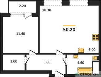 Планировка однокомнатной(квартира) площадью 50.2 квадратных метров в ЖК “Квартал Филатов луг”