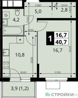 Планировка однокомнатной(квартира) площадью 40.7 квадратных метров в “ЖК 1-й Измайловский (Первый Измайловский)”