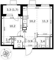 Планировка двухкомнатной(квартира) площадью 45.4 квадратных метров в “ЖК 1-й Химкинский (Первый Химкинский)”