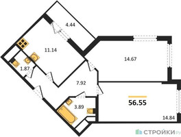 Планировка двухкомнатной(квартира) площадью 56.55 квадратных метров в “ЖК Светлый мир БиоПолис”