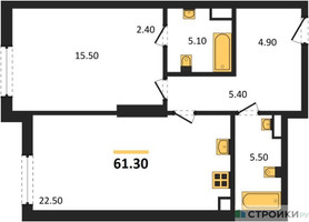 Планировка однокомнатной(квартира) площадью 61.3 квадратных метров в “ЖК Крылатская 33”