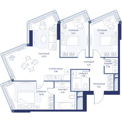 Планировка трехкомнатной(квартира) площадью 93 квадратных метров в ЖК “ЖК ХАЙДАУТ”