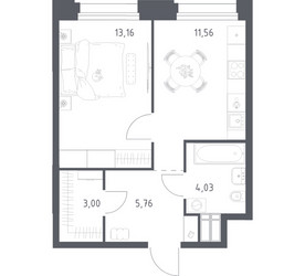 Планировка однокомнатной(апартаменты) площадью 37.51 квадратных метров в ЖК “ЖК Апарт-отель Тропарево парк”