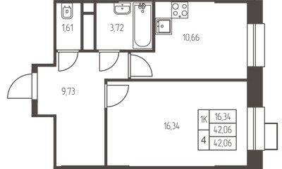 Планировка однокомнатной(квартира) площадью 42.1 квадратных метров в ЖК “ЖК Новая Ивантеевка”