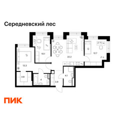 Планировка трехкомнатной(квартира) площадью 75.1 квадратных метров в ЖК “ЖК Середневский лес”