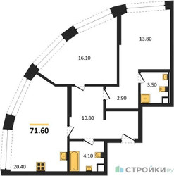 Планировка двухкомнатной(квартира) площадью 71.6 квадратных метров в ЖК “ЖК Нагатино Ай-Лэнд”