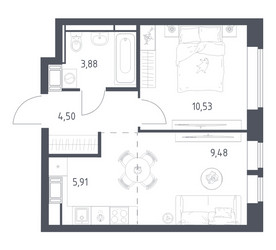 Планировка однокомнатной(квартира) площадью 34.3 квадратных метров в ЖК “ЖК Большое Путилково”