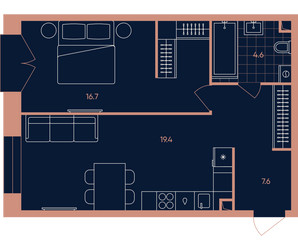 Планировка двухкомнатной(квартира) площадью 48.5 квадратных метров в ЖК “Квартал Эра”