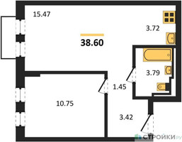 Планировка однокомнатной(квартира) площадью 38.6 квадратных метров в “ЖК Рублевский Квартал”