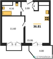 Планировка однокомнатной(квартира) площадью 36.81 квадратных метров в “ЖК ВОСТОК II”