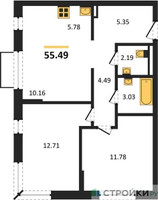 Планировка двухкомнатной(квартира) площадью 55.49 квадратных метров в “ЖК Квартал Авиаторов”