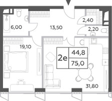Планировка двухкомнатной(квартира) площадью 75.9 квадратных метров в “ЖК Will Towers (Вилл Тауэрс)”