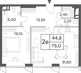 Планировка двухкомнатной(квартира) площадью 75.9 квадратных метров в ЖК “ЖК Will Towers (Вилл Тауэрс)”