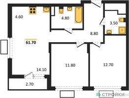 Планировка двухкомнатной(квартира) площадью 61 квадратных метров в “ЖК Деснаречье”