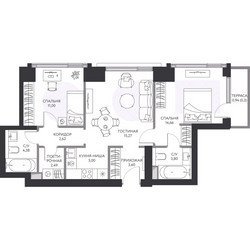 Планировка трехкомнатной(квартира) площадью 64.5 квадратных метров в ЖК “ЖК Hide (Хайд)”