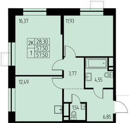 Планировка двухкомнатной(квартира) площадью 57.5 квадратных метров в ЖК “ЖК Дом на Студенческом”