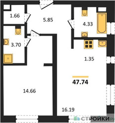 Планировка однокомнатной(апартаменты) площадью 47.74 квадратных метров в ЖК “ЖК N’ICE LOFT (Найс Лофт)”