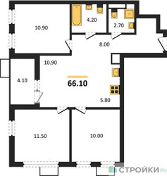 Планировка трехкомнатной(квартира) площадью 66.1 квадратных метров в ЖК “ЖК Скандинавия”