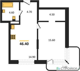 Планировка однокомнатной(квартира) площадью 46.4 квадратных метров в ЖК “Кутузов Сити”