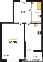 Планировка однокомнатной(квартира) площадью 46.96 квадратных метров в “ЖК Riga Hills (Рига Хиллс)”