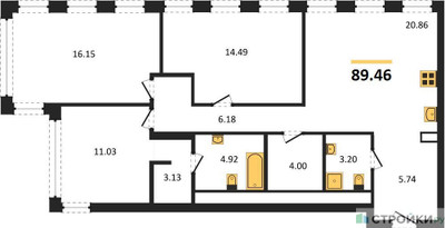 Планировка трехкомнатной(квартира) площадью 89.46 квадратных метров в ЖК “ЖК Insider (Инсайдер)”
