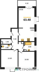 Планировка трехкомнатной(квартира) площадью 63.4 квадратных метров в ЖК “ЖК 1-й Южный (Первый Южный)”