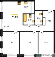 Планировка трехкомнатной(квартира) площадью 74.5 квадратных метров в “ЖК Self (Селф)”