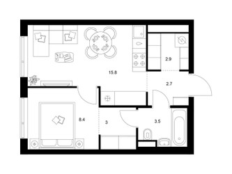 Планировка однокомнатной(квартира) площадью 36.3 квадратных метров в ЖК “Бунинская набережная”