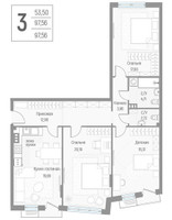 Планировка трехкомнатной(квартира) площадью 97.7 квадратных метров в “ЖК Эльйон”