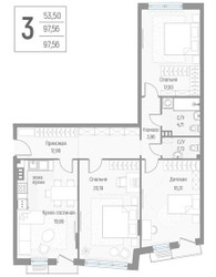 Планировка трехкомнатной(квартира) площадью 97.7 квадратных метров в ЖК “ЖК Эльйон”