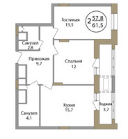 Планировка двухкомнатной(квартира) площадью 61.5 квадратных метров в “ЖК Большая Семерка”