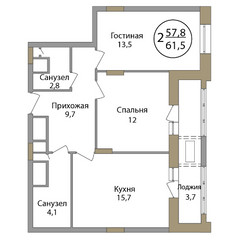Планировка двухкомнатной(квартира) площадью 61.5 квадратных метров в ЖК “ЖК Большая Семерка”