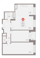 Планировка трехкомнатной(квартира) площадью 83.6 квадратных метров в “ЖК Отлично”