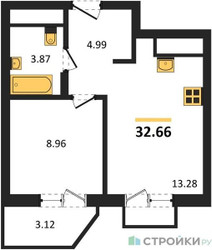 Планировка однокомнатной(квартира) площадью 32.66 квадратных метров в ЖК “ЖК ВОСТОК II”